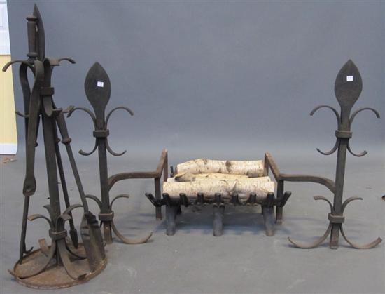 Appraisal: SEVEN PIECE WROUGHT IRON FIREPLACE ENSEMBLE An antique seven piece