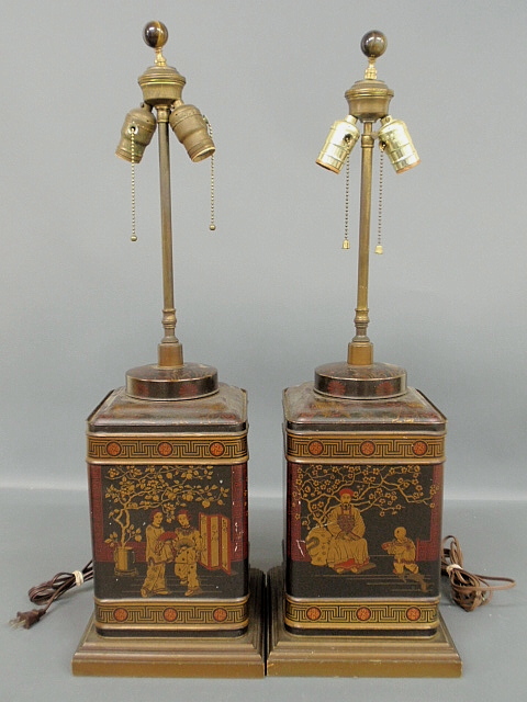 Appraisal: - Pair of Tole decorated canister table lamps h -