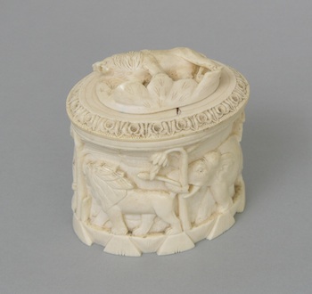 Appraisal: A Continental Carved Figural Ivory Oval Box A Continental carved