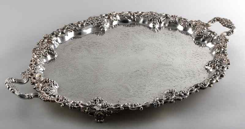 Appraisal: English silver plate tray decorated with grape motif and foliage