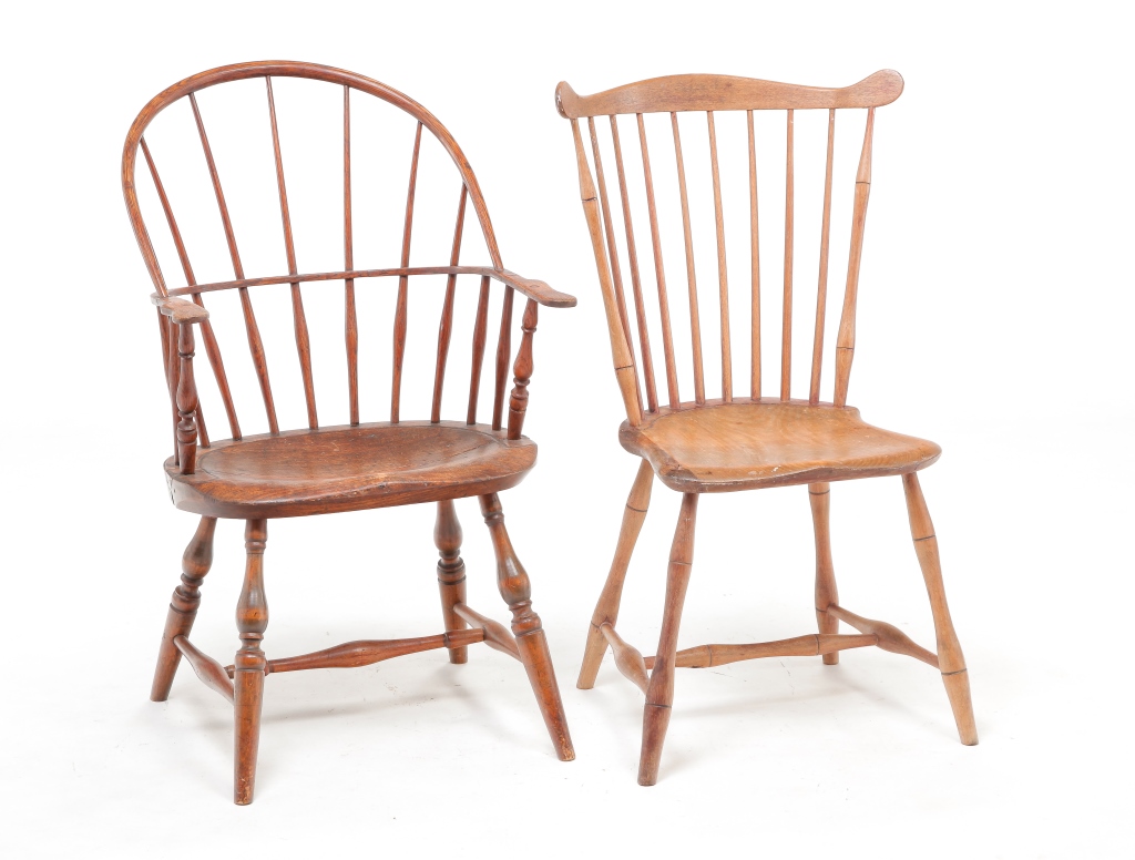 Appraisal: TWO AMERICAN WINDSOR CHAIRS Ca Both refinished Sackback armchair with