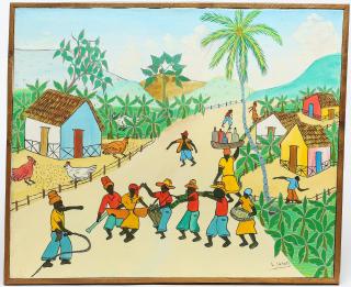 Appraisal: Signed L Sanon Haitian village scene with musicians signed lower