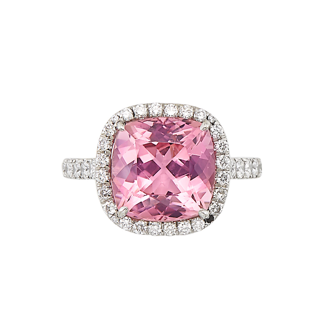 Appraisal: Platinum Pink Tourmaline and Diamond Ring One cushion-shaped modified brilliant-cut