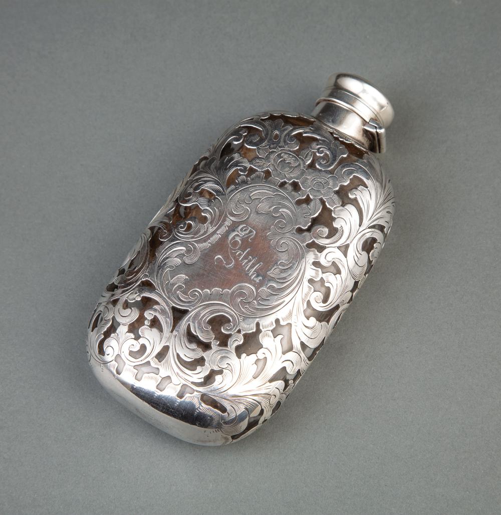 Appraisal: Antique Gorham Sterling Silver Overlay Lady's Flask floral and scroll