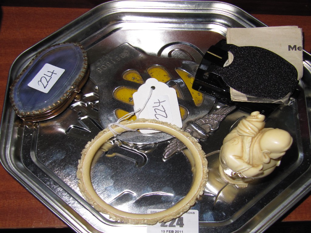 Appraisal: Lot comprising car badge carv ed figure and bangle etc