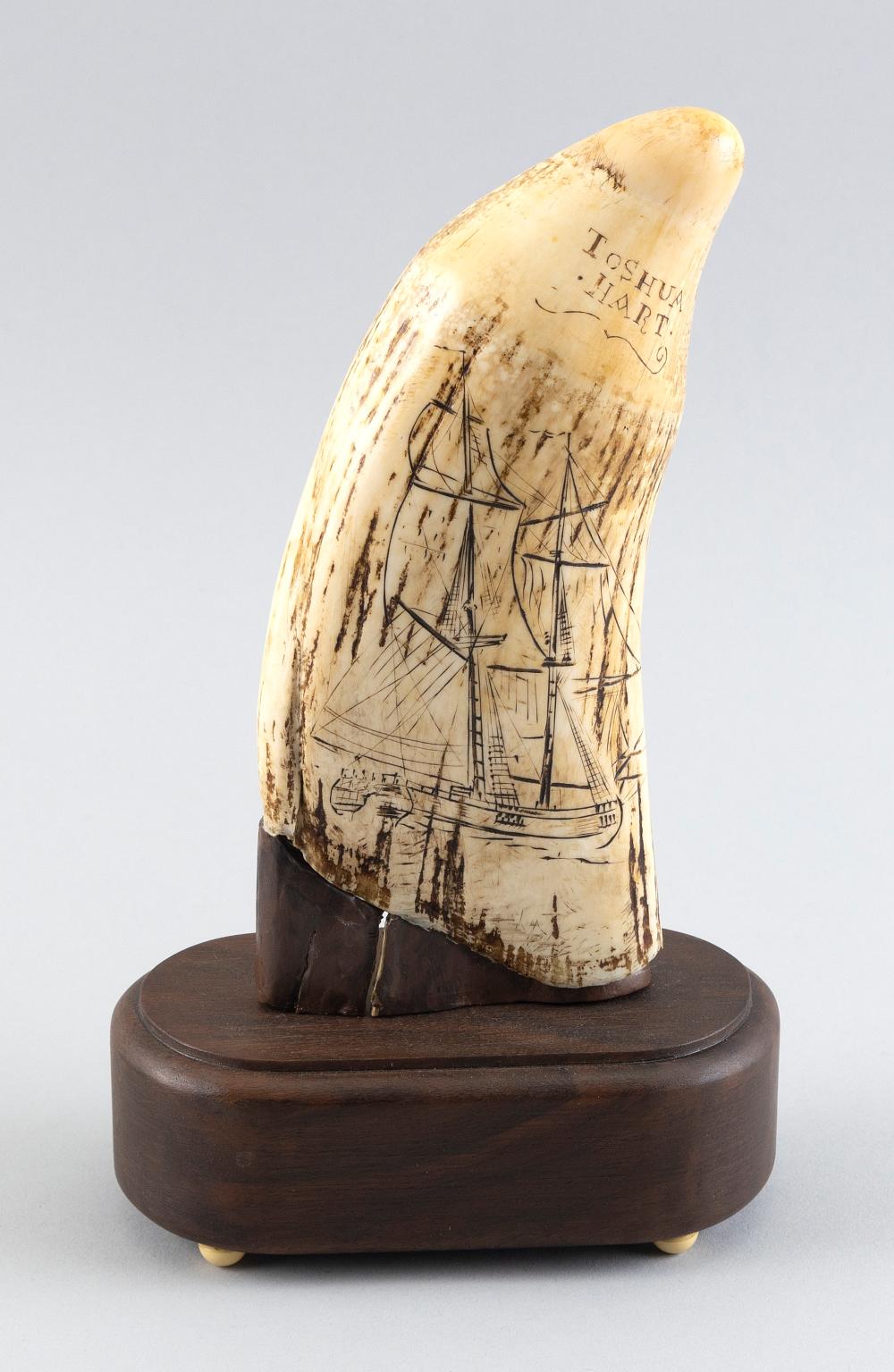 Appraisal: ENGRAVED WHALE'S TOOTH TOSHUA HART TH CENTURY ON WOODEN STAND