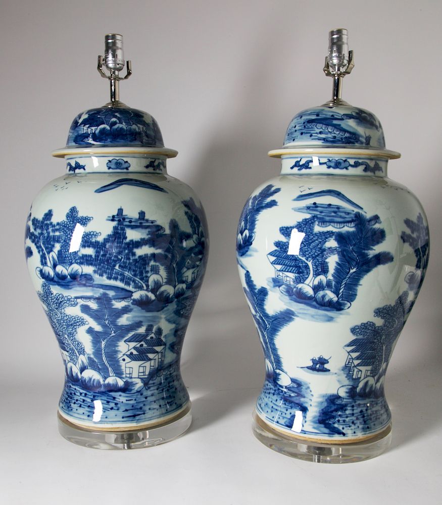 Appraisal: Pair of Chinese Blue and White River Landscape Decorated Temple