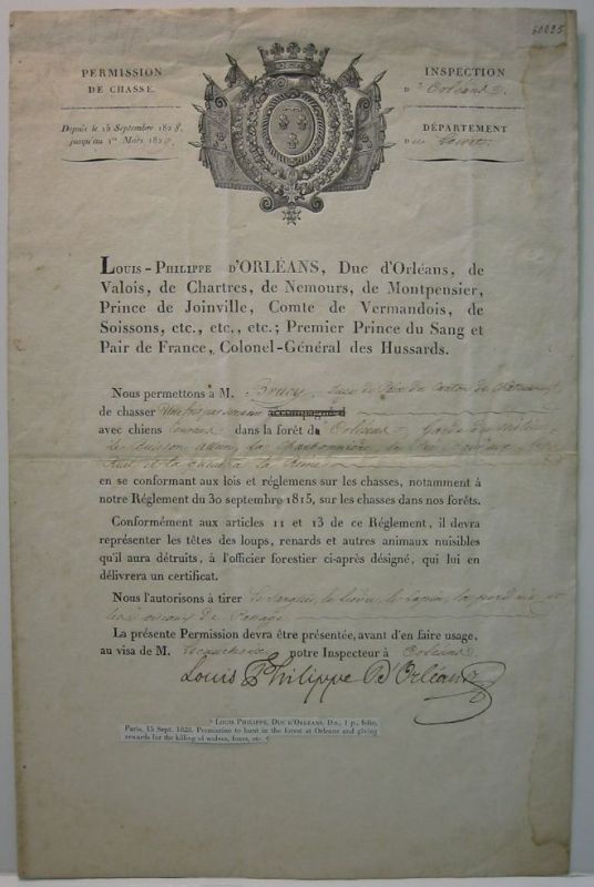 Appraisal: ORL ANS LOUIS PHILIPPE DUC DE Partly-printed Document Signed Louis