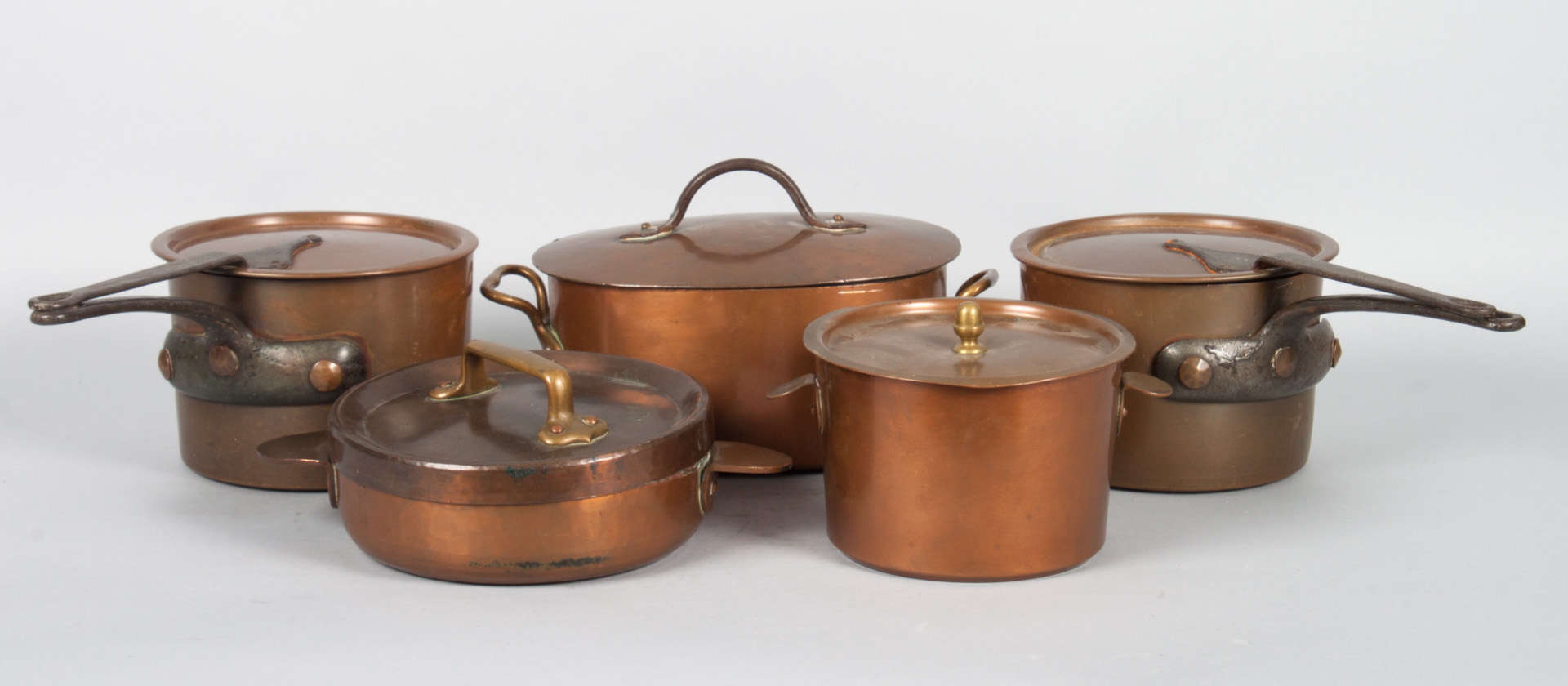 Appraisal: Five assorted copper cooking pots late th early th century