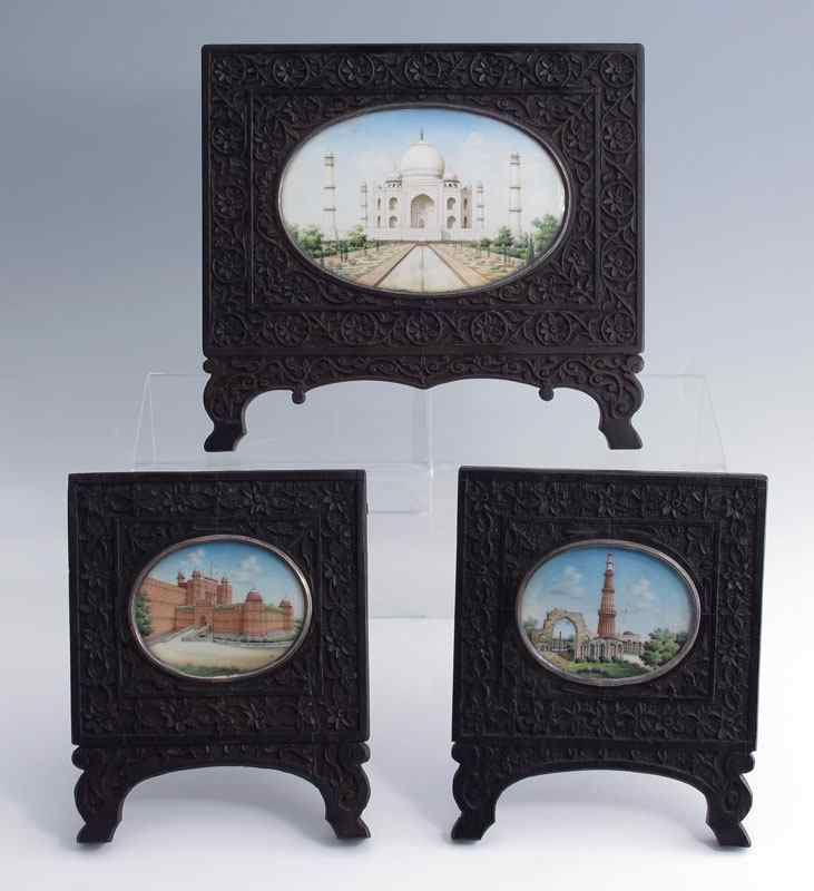 Appraisal: MINIATURE PAINTINGS ON IVORY To include Taj Mahal Red Fort