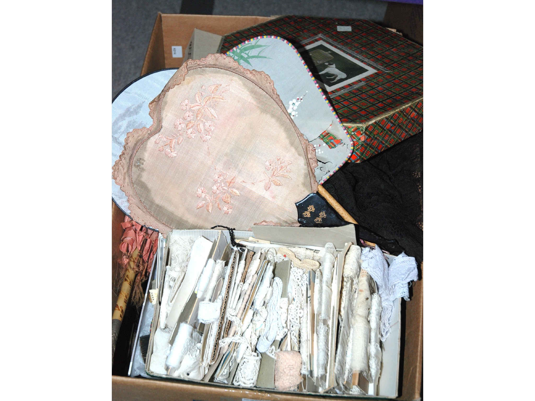 Appraisal: A collection of hand fans lace parasol etc