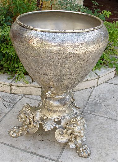 Appraisal: LARGE HAND TOOLED SILVERED BRASS SAMOVAR Silvered brass with hand