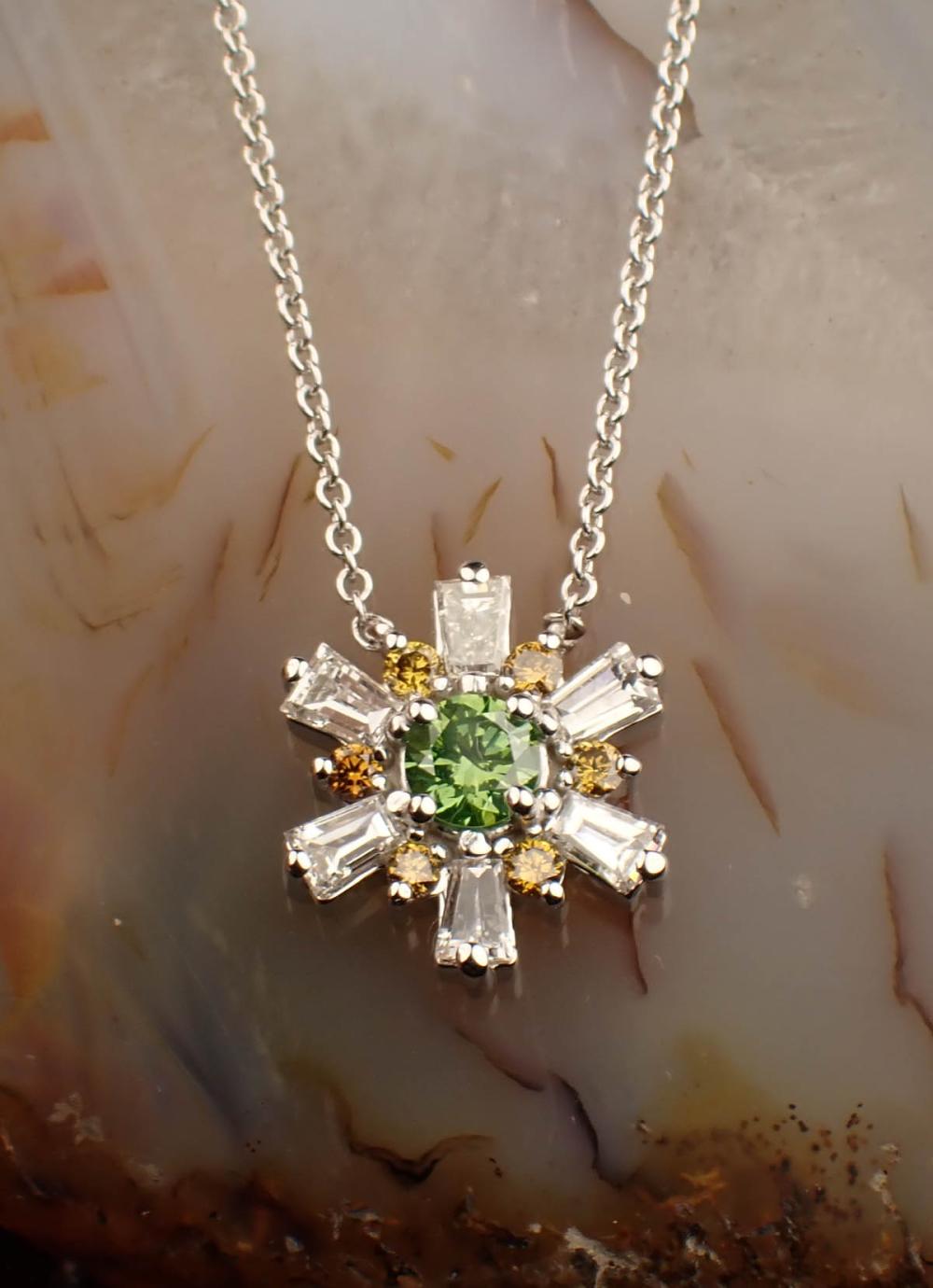 Appraisal: MULTI COLOR DIAMOND AND WHITE GOLD STARBURST NECKLACE with a