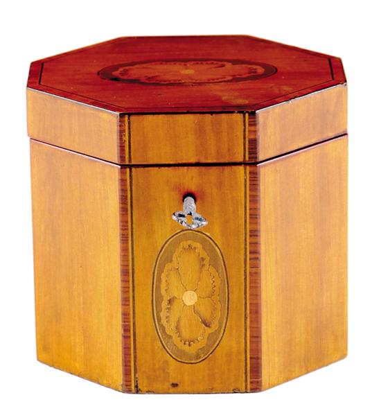 Appraisal: George III style inlaid satinwood tea caddy octagonal form with