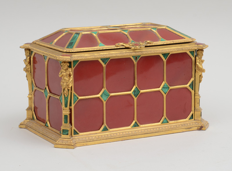 Appraisal: RENAISSANCE STYLE CARNELIA AND MALACHITE-MOUNTED GILT-BRONZE CASKET Unmarked the hinged