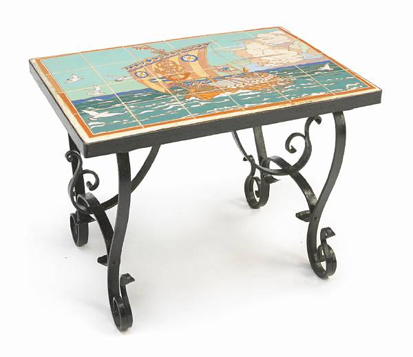 Appraisal: An Arts amp Crafts wrought-iron and tiled occasional table attributed