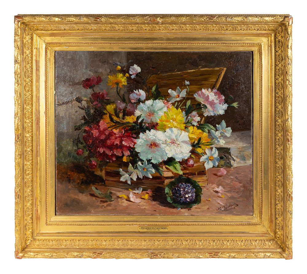 Appraisal: Eugene Henri Cauchois French - Flowers in a Wood Crate