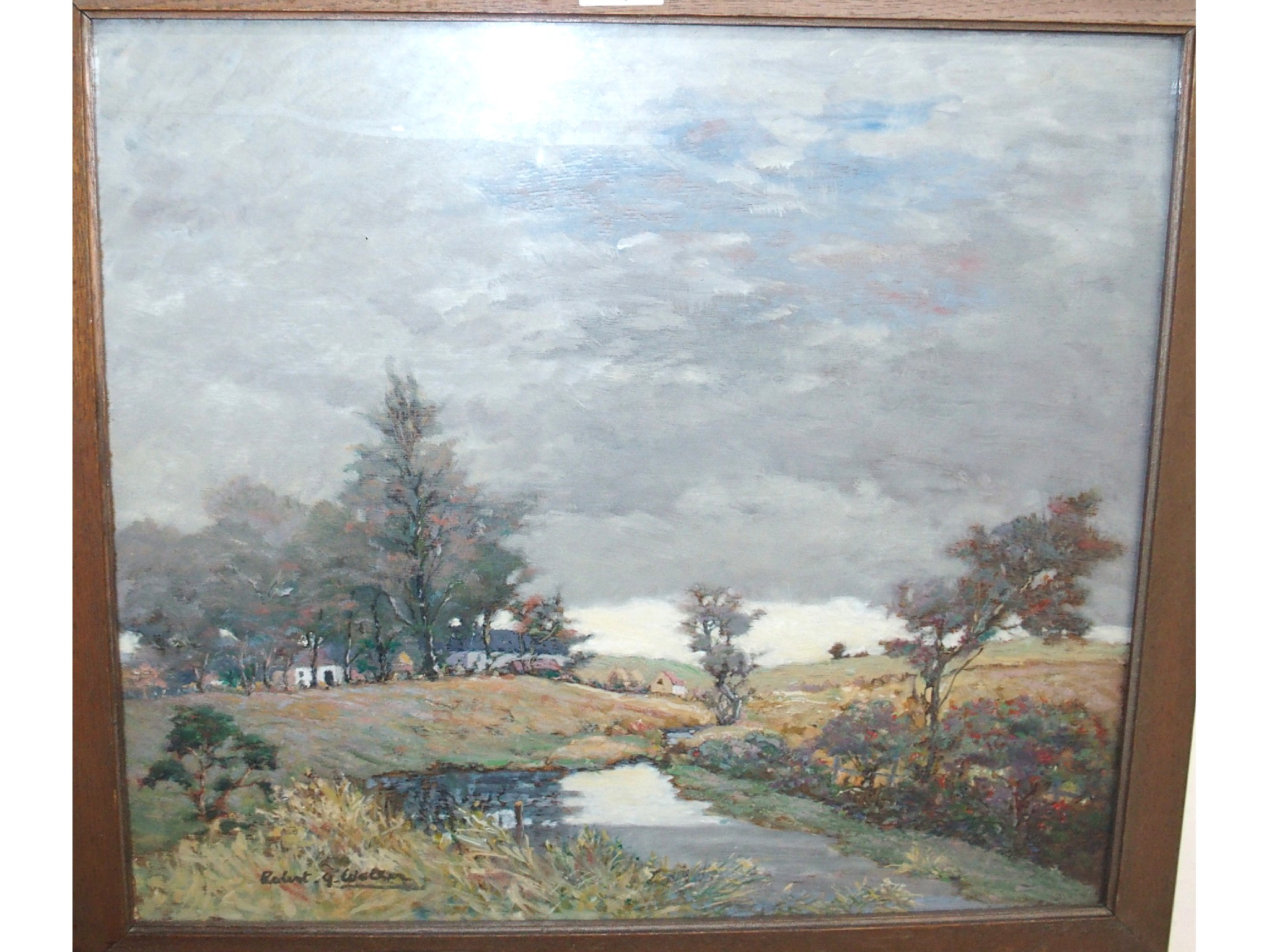 Appraisal: ROBERT J WALKER River landscape with cottages signed oil on