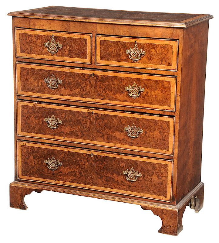 Appraisal: George I Style Burlwood Five Drawer Chest British th century