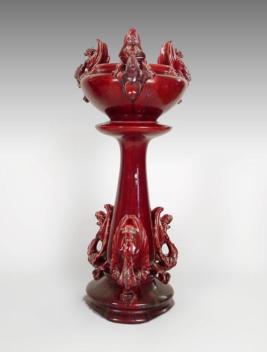 Appraisal: PIECE MAJOLICA JARDINIERE ON PEDESTAL BASE Solid burgundy color top