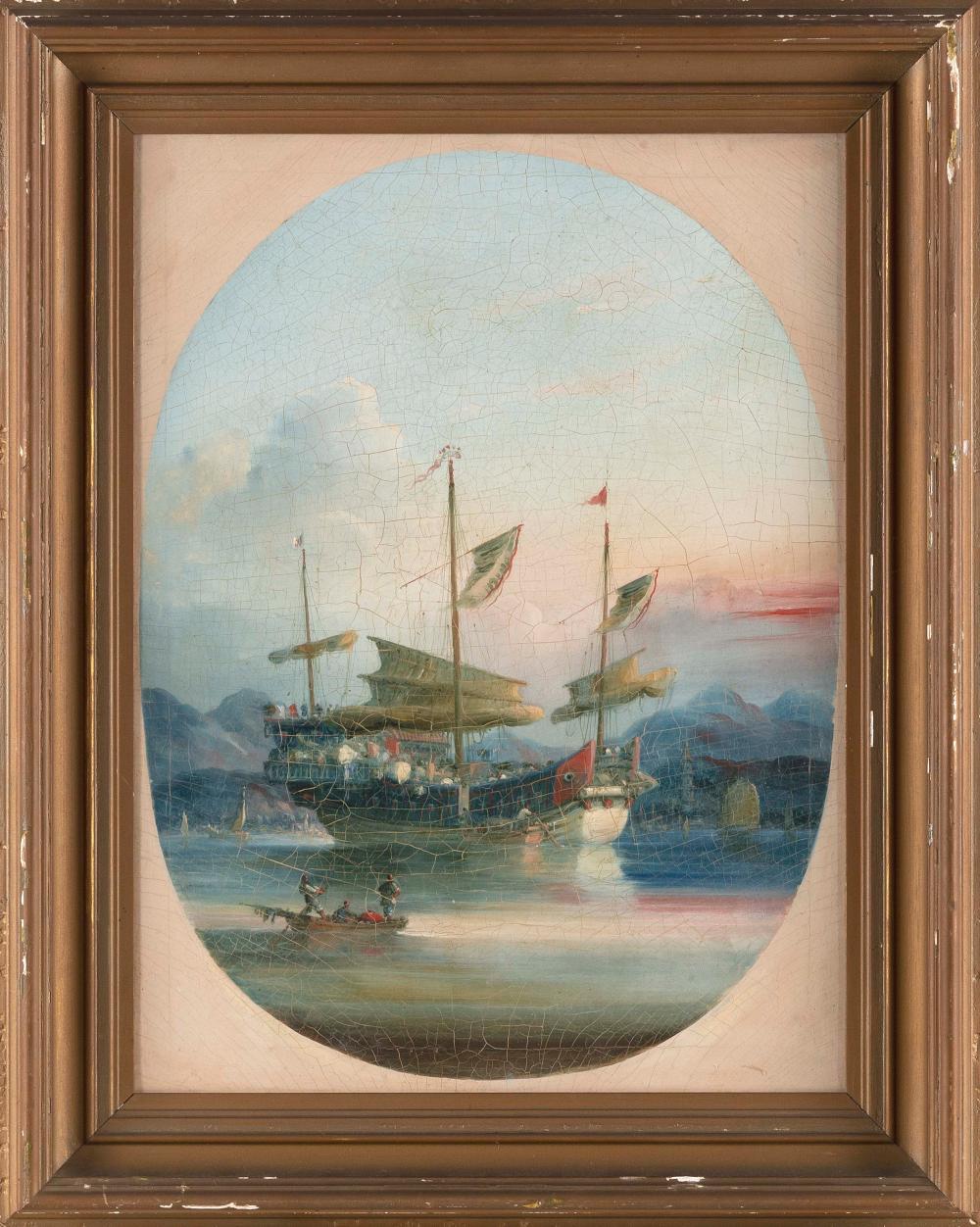 Appraisal: CHINESE SCHOOL TH CENTURY HARBOR SCENE OIL ON CANVAS X