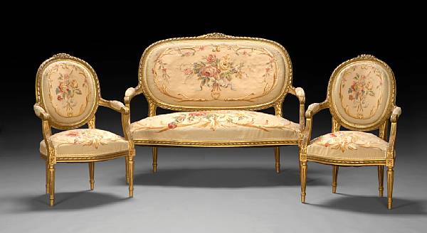 Appraisal: A Louis XVI style giltwood Aubusson upholstered suite of seat