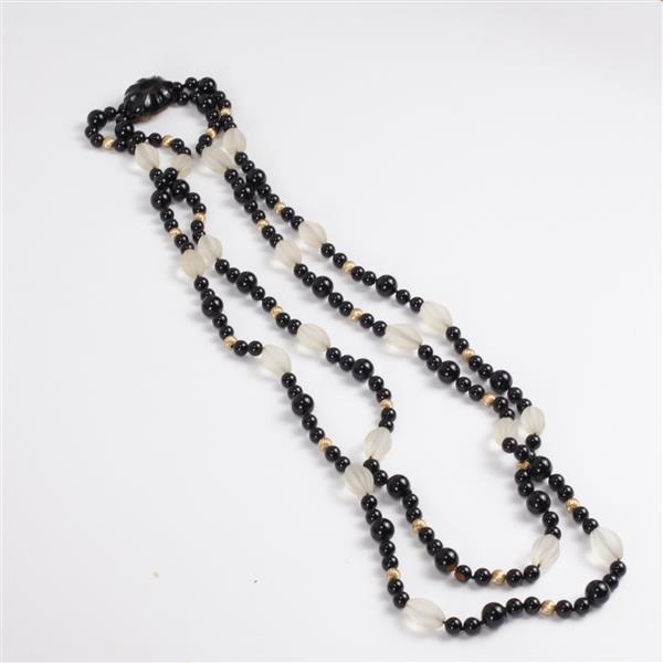 Appraisal: Black Frosted Glass Art Deco Double Strand Necklace with Czech