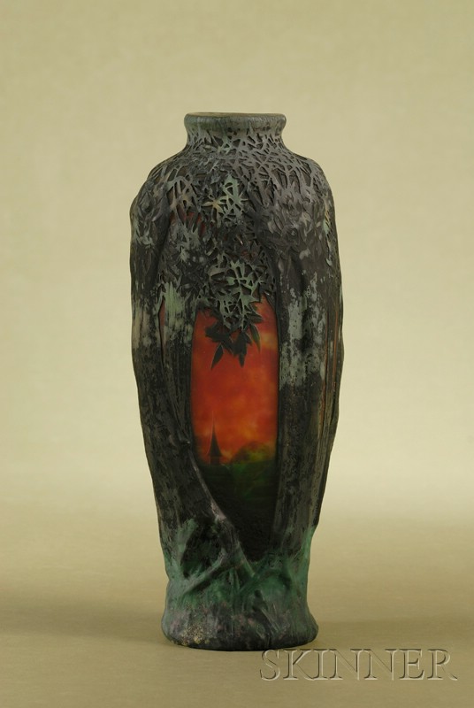 Appraisal: French Daum Nancy Cameo Glass Forest Twilight Landscape Vase c