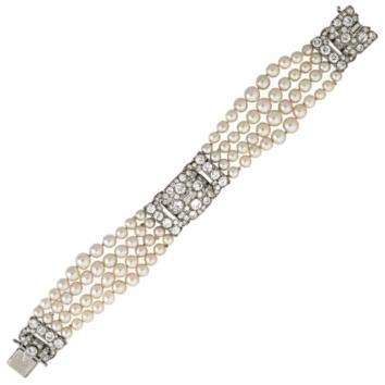 Appraisal: ENGLISH NATURAL PEARL DIAMOND PLATINUM BRACELET Four graduated strands in