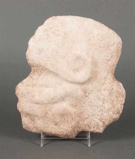 Appraisal: Precolumbian carved white alabaster hacha representing a helmeted warrior Vera