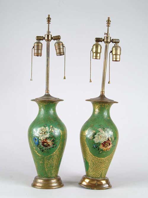 Appraisal: PAIR OF INTERESTING FLORAL DECORATED VASE LAMPS French tole style