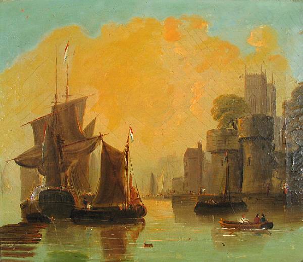 Appraisal: E Calvert th century A harbor scene with a castle