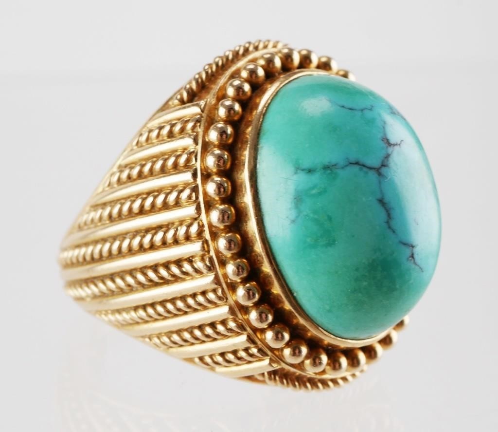 Appraisal: Large turquoise cabachon gold ring tested K with granulation detail