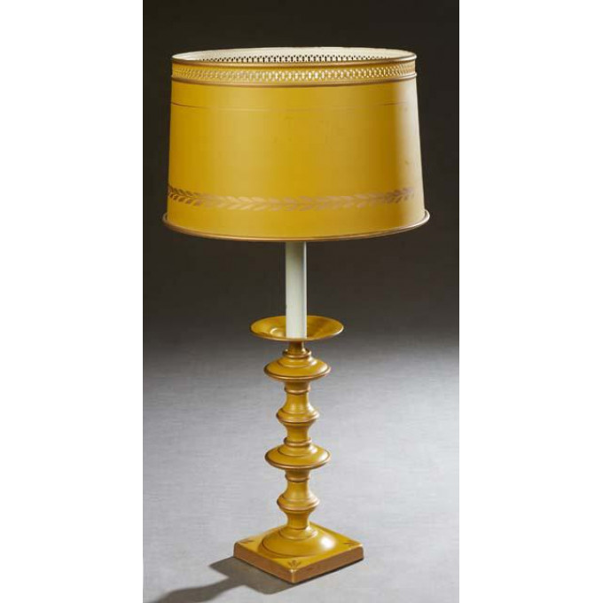 Appraisal: Polychromed Tole Candlestick Lamp th c with a white glass