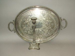 Appraisal: A large oval twin handled silver plated tray With beaded