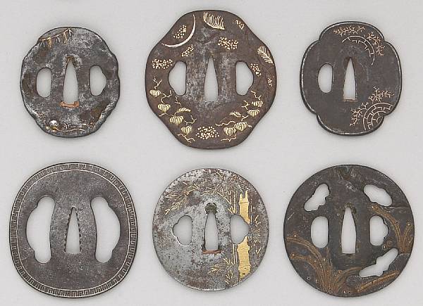 Appraisal: Nine inlay decorated iron tsuba Edo and Meiji Periods The