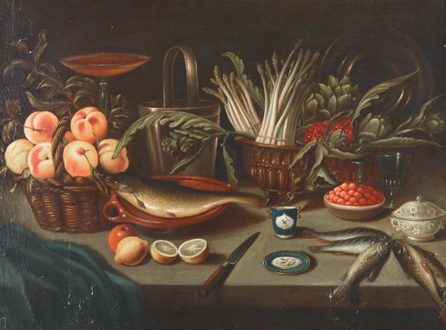 Appraisal: TH CENTURY ENGLISH SCHOOLStill life - Fish fruit a porcelain