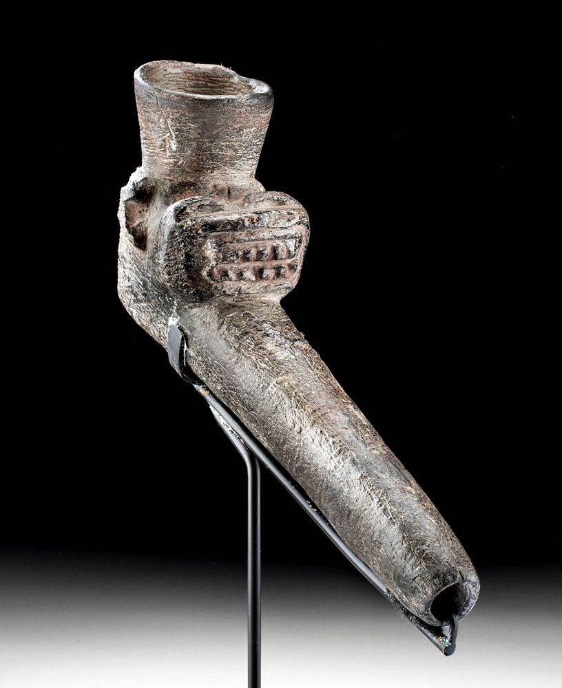 Appraisal: Argentinian Aguada Stone Pipe w Jaguar Finial Originally Listed At