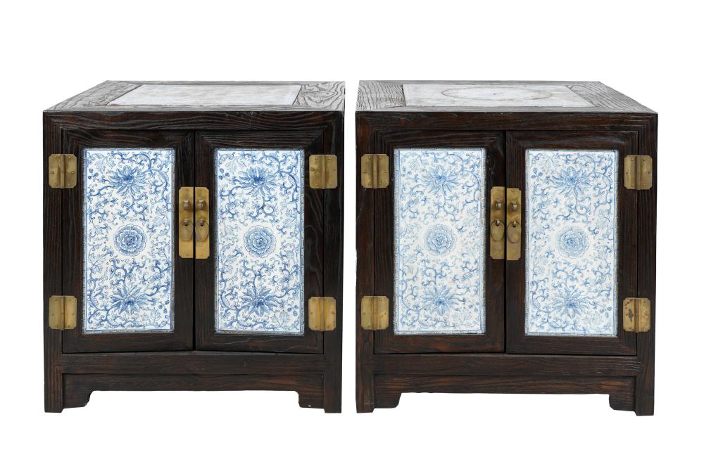 Appraisal: PAIR OF CHINESE TILE-INSET WOOD CABINETSeach with a pair of