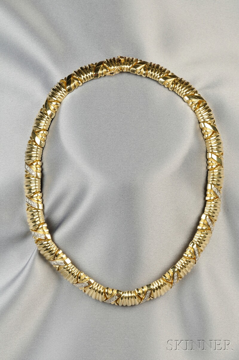 Appraisal: kt Gold and Diamond Necklace composed of ribbed plaques full-cut