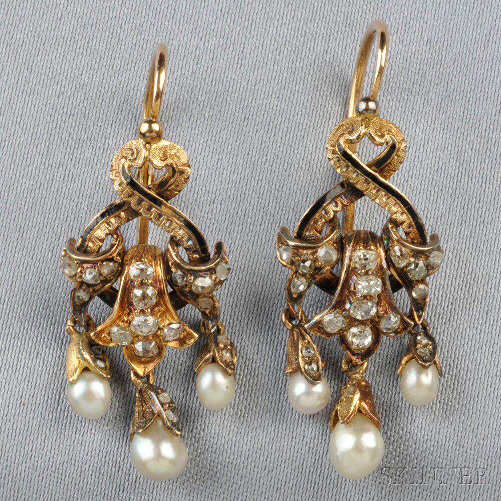 Appraisal: Antique kt Gold Diamond and Pearl Earpendants France each set