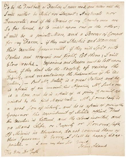 Appraisal: ADAMS John Autograph letter signed to Cotton Tufts wishing for