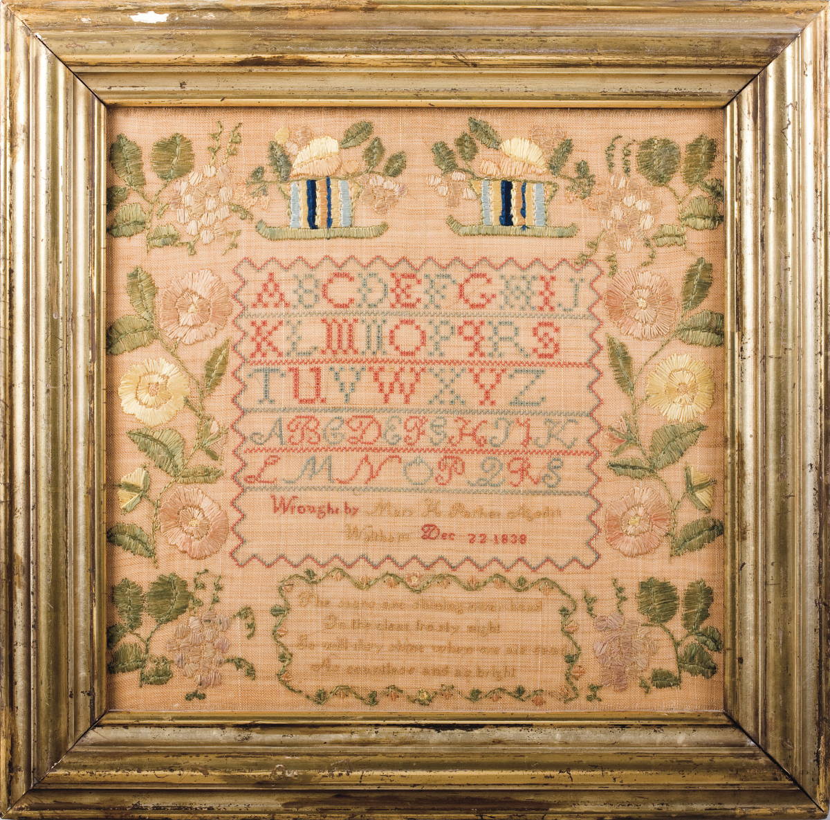 Appraisal: MASSACHUSETTS NEEDLEWORK SAMPLER BY MARY H PARKER Silk threads worked