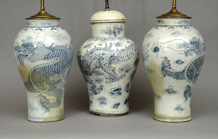 Appraisal: Three Chinese Blue and White Porcelain Vases Mounted as Lamps