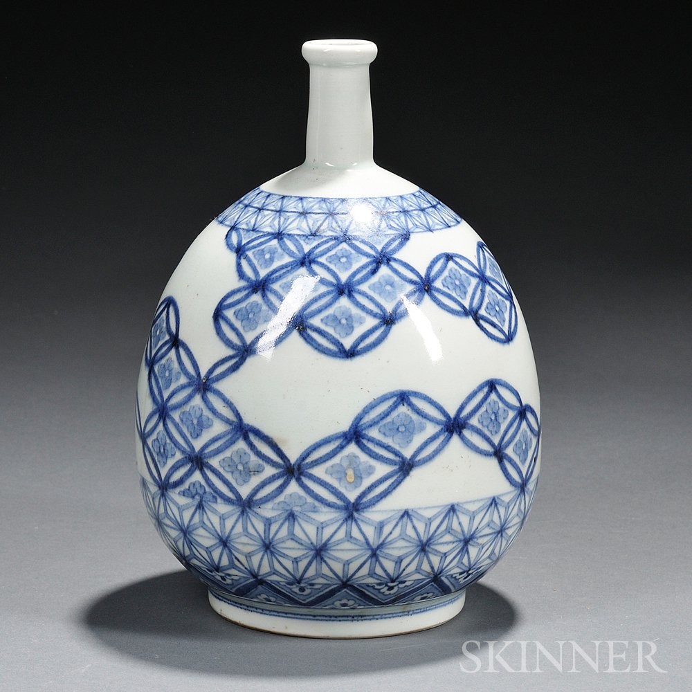 Appraisal: Blue and White Bottle Japan bulbous form with a narrow