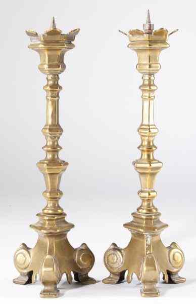 Appraisal: Pair of Brass Pricket SticksDutch or Spanish altar sticks mid-