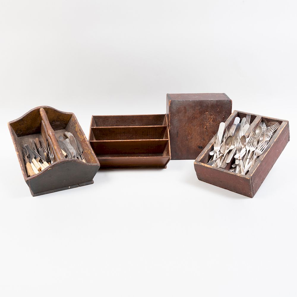 Appraisal: Group of Four Primitive Wood Cutlery Boxes Comprising A box