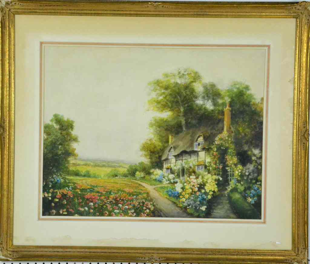 Appraisal: Watercolor on PaperDepicting an English countryside cottage with flowers signed