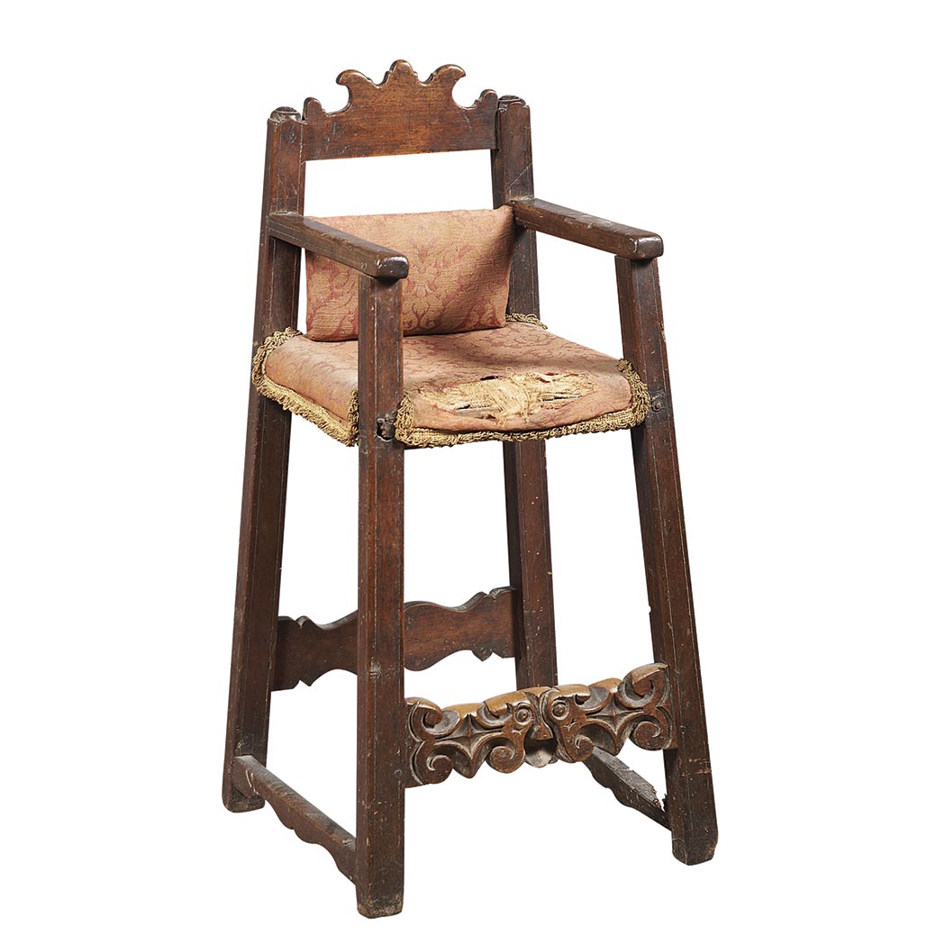 Appraisal: Italian Baroque Walnut Child's Chair th th Century With padded