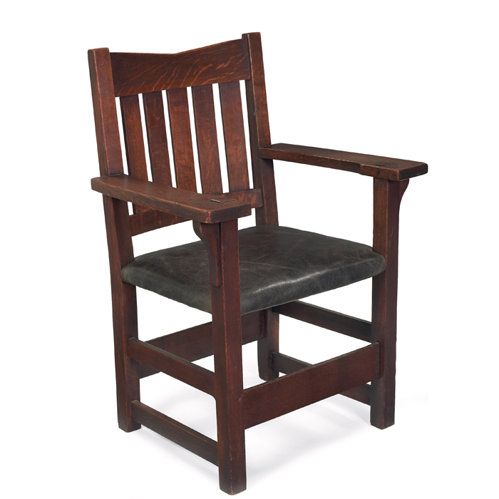 Appraisal: Gustav Stickley armchair ''V'' back form with five vertical slats